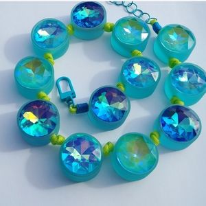 Handmade Crystal Necklace Iridescent Aqua Blue Green Neon Yellow Mixed Media